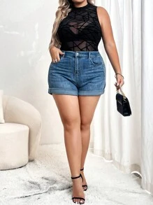 SHEIN Privé Áo liền quần chặt Kích thước lớn cắt màu trơn Gợi cảm - màu đen - Xem 6