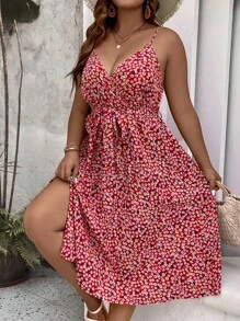 SHEIN Holidaya Plus Ditsy Floral Print Belted Cami Dress