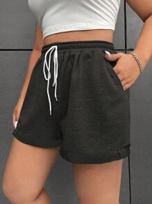 SHEIN EZwear Plus Contrast Trim Drawstring Waist Shorts - Black - View 1