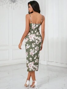SHEIN Privé Đầm Xù Tách cao Hoa Tất cả trên in Thanh lịch - màu xanh lá - Xem 2