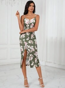 SHEIN Privé Đầm Xù Tách cao Hoa Tất cả trên in Thanh lịch - màu xanh lá - Xem 5