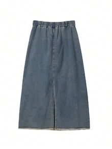 素色磨損邊短款牛仔夾克&翻蓋細節半身裙 - 中等水洗藍 - 查看 7