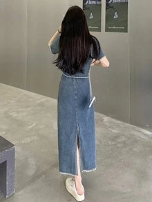 素色磨損邊短款牛仔夾克&翻蓋細節半身裙 - 中等水洗藍 - 查看 5