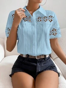 SHEIN Privé Áo sơ mi nữ Tương phản ren Nút phía trước màu trơn Giải trí - Màu xanh lam - Xem 6