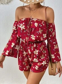 SHEIN VCAY Áo liền quần nữ Thắt nút Thắt nơ trước Hoa Tất cả trên in Boho - Đỏ - Xem 1