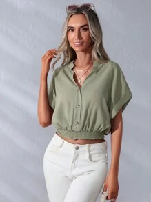SHEIN LUNE 素色前紐扣蝙蝠袖襯衫 - 綠色 - 查看 3