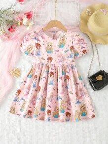 Young Girl Figure Graphic Puff Sleeve Dress
