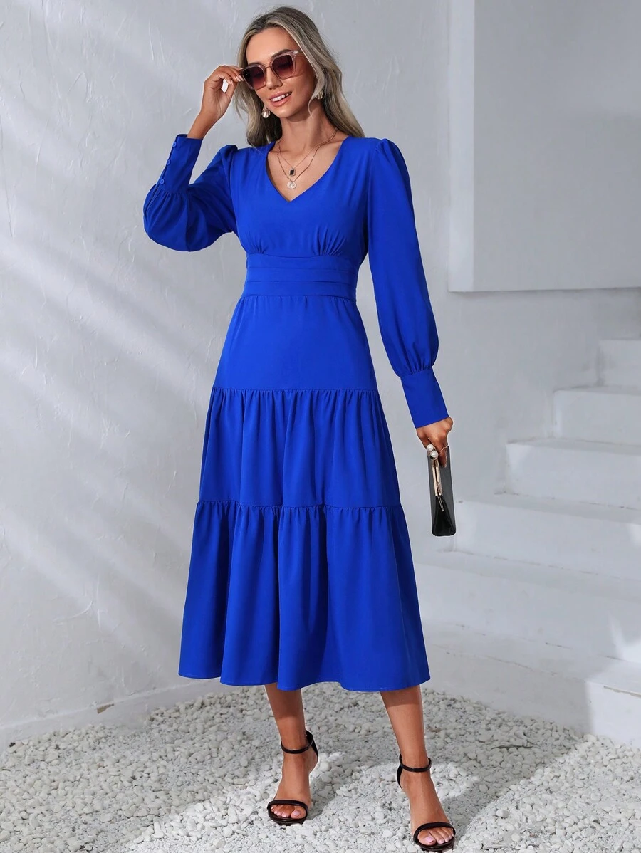 SHEIN Clasi Vestido unicolor bajo con fruncido - Azul - Ver 1