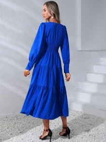 SHEIN Clasi Vestido unicolor bajo con fruncido - Azul - Ver 2