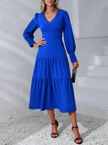 SHEIN Clasi Vestido unicolor bajo con fruncido - Azul - Ver 3
