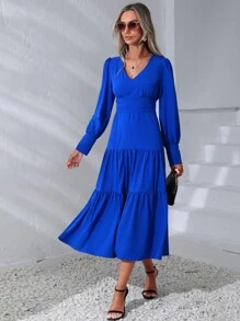 SHEIN Clasi Vestido unicolor bajo con fruncido - Azul - Ver 4