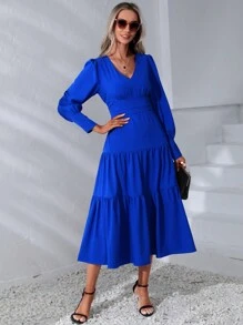 SHEIN Clasi Vestido unicolor bajo con fruncido - Azul - Ver 5