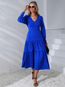 SHEIN Clasi Vestido unicolor bajo con fruncido - Azul - Ver 6