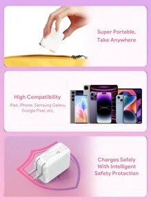 JMMO Cargador rápido plegable de 35W con 2 puertos USB-C compatible con Samsung, Android, compatible con iphone, iPad y talla grande. Regalo de Navidad, artículo indispensable para el otoño e invierno, accesorios esenciales para vacaciones, camping y suministros de camping - Blanco - Ver 3
