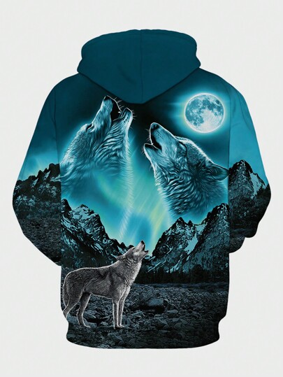 Guys 3D Wolf Print Drawstring Hoodie