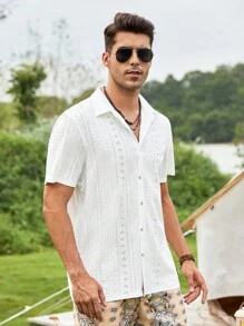 Manfinity Homme Men Eyelet Embroidery Button Up Short Sleeve Collar Plain White Boho Shirt For Dad & Boyfriend Gift