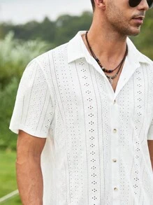 Manfinity Homme Men Eyelet Embroidery Button Up Short Sleeve Collar Plain White Boho Shirt For Dad & Boyfriend Gift