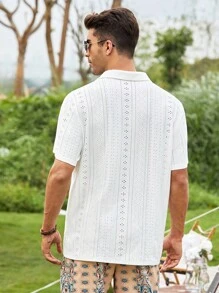 Manfinity Homme Men Eyelet Embroidery Button Up Short Sleeve Collar Plain White Boho Shirt For Dad & Boyfriend Gift