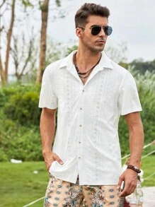 Manfinity Homme Men Eyelet Embroidery Button Up Short Sleeve Collar Plain White Boho Shirt For Dad & Boyfriend Gift