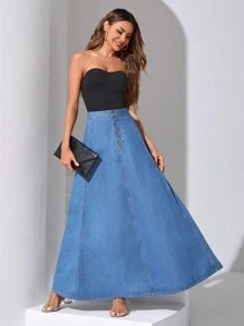 SHEIN Essnce 紐扣門襟傘狀牛仔半身裙 - 中等水洗藍 - 查看 4