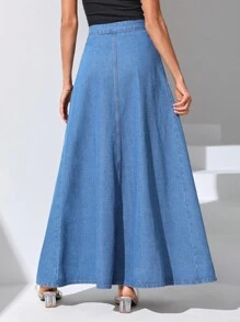 SHEIN Essnce 紐扣門襟傘狀牛仔半身裙 - 中等水洗藍 - 查看 2