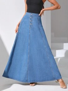 SHEIN Essnce 紐扣門襟傘狀牛仔半身裙 - 中等水洗藍 - 查看 1