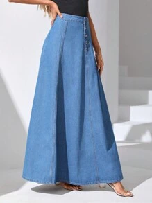 SHEIN Essnce 紐扣門襟傘狀牛仔半身裙 - 中等水洗藍 - 查看 3