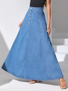 SHEIN Essnce 紐扣門襟傘狀牛仔半身裙 - 中等水洗藍 - 查看 5