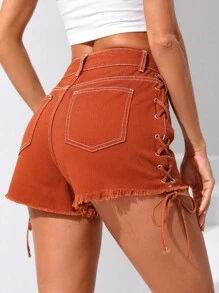 SHEIN Essnce Lace Up Side Raw Hem Denim Shorts