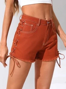 SHEIN Essnce Lace Up Side Raw Hem Denim Shorts