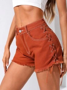 SHEIN Essnce Lace Up Side Raw Hem Denim Shorts