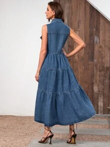 SHEIN Flap Pocket Ruffle Hem Denim Dress - Medium Wash - View 3