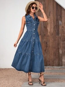 SHEIN Flap Pocket Ruffle Hem Denim Dress - Medium Wash - View 5