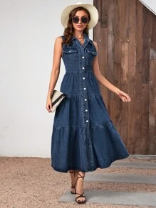 SHEIN Túi có nắp Xù Hoa Sen Đầm Denim - Rửa tối - Xem 1