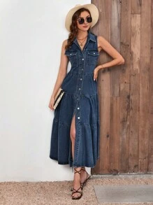 SHEIN Túi có nắp Xù Hoa Sen Đầm Denim - Rửa tối - Xem 2