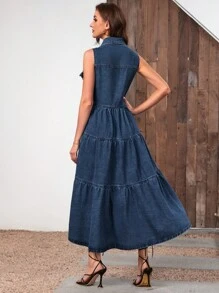 SHEIN Túi có nắp Xù Hoa Sen Đầm Denim - Rửa tối - Xem 3