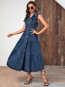 SHEIN Túi có nắp Xù Hoa Sen Đầm Denim - Rửa tối - Xem 4