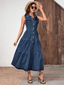 SHEIN Túi có nắp Xù Hoa Sen Đầm Denim - Rửa tối - Xem 5