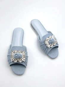 Fashionable Casual Light Blue Denim Rhinestone Buckle Women's Flat Sandals - Baby Blue - View 1