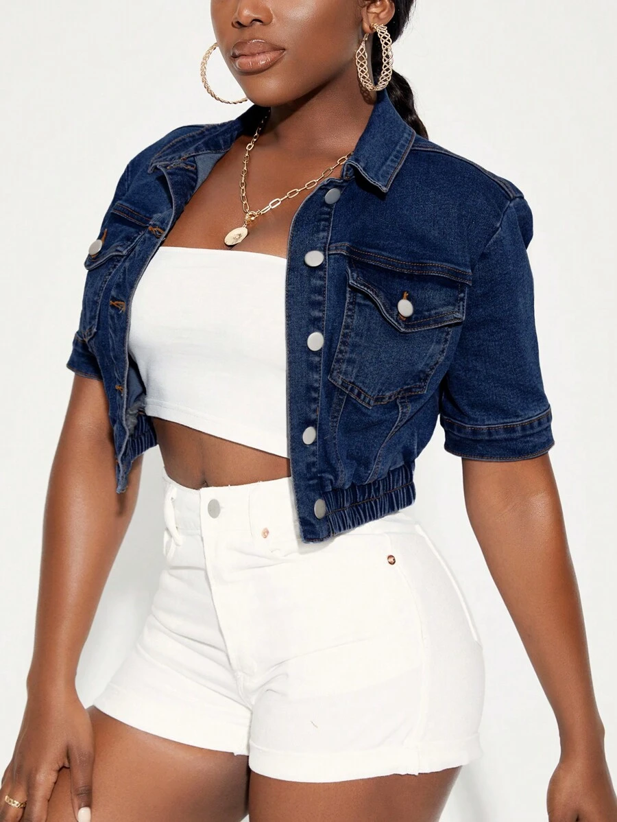 SHEIN SXY 翻蓋口袋短款牛仔夾克 - 深色水洗藍 - 查看 1