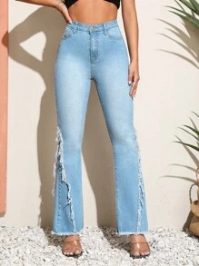 SHEIN Essnce Quần jean nữ Nút Túi Hem thô Dây kéo màu trơn - Rửa nhẹ - Xem 3