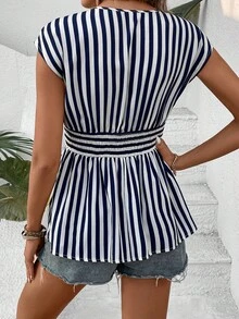 SHEIN Clasi 條紋印花蝙蝠袖荷葉邊下擺襯衫 - 藍白色 - 查看 2