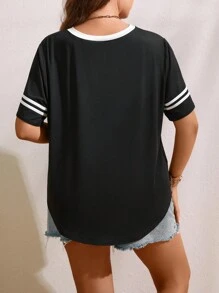 SHEIN LUNE Plus Striped Print V Neck Tee, Summer - Black - View 2