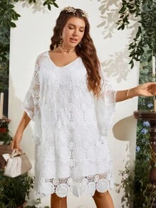 SHEIN Clasi Đầm Plus Size Sò điệp màu trơn Boho - trắng - Xem 6