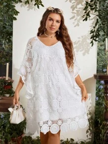 SHEIN Clasi Đầm Plus Size Sò điệp màu trơn Boho - trắng - Xem 7