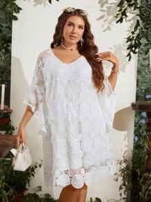 SHEIN Clasi Đầm Plus Size Sò điệp màu trơn Boho - trắng - Xem 8