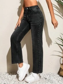 SHEIN PETITE 高腰直筒牛仔褲 - 黑色 - 查看 4