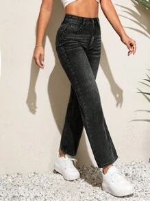 SHEIN PETITE 高腰直筒牛仔褲 - 黑色 - 查看 1