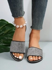 Gorgeous Rhinestone Flat Sandals, Women's Black Flat Sandals Valentines,Spring Summer Outfits - Black - View 7