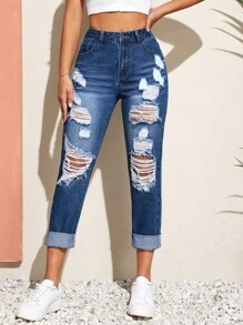 SHEIN Unity 破洞卷邊牛仔褲 - 深色水洗藍 - 查看 5